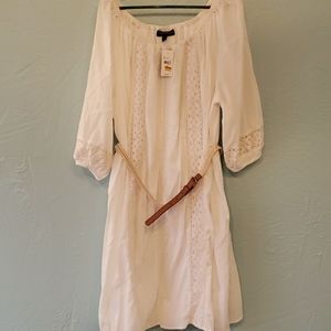 Fully lined white cotton dress with lace and belt